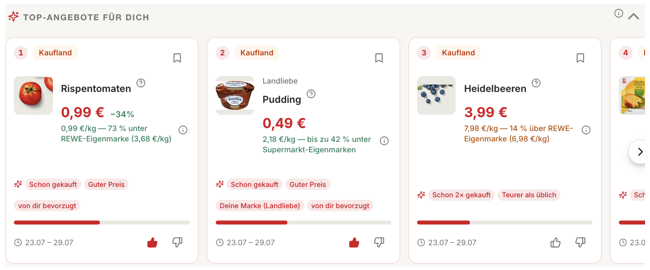 PreisJäger Angebots-Liste mit Händler, Preis, Rabatt und Match-Score pro Treffer