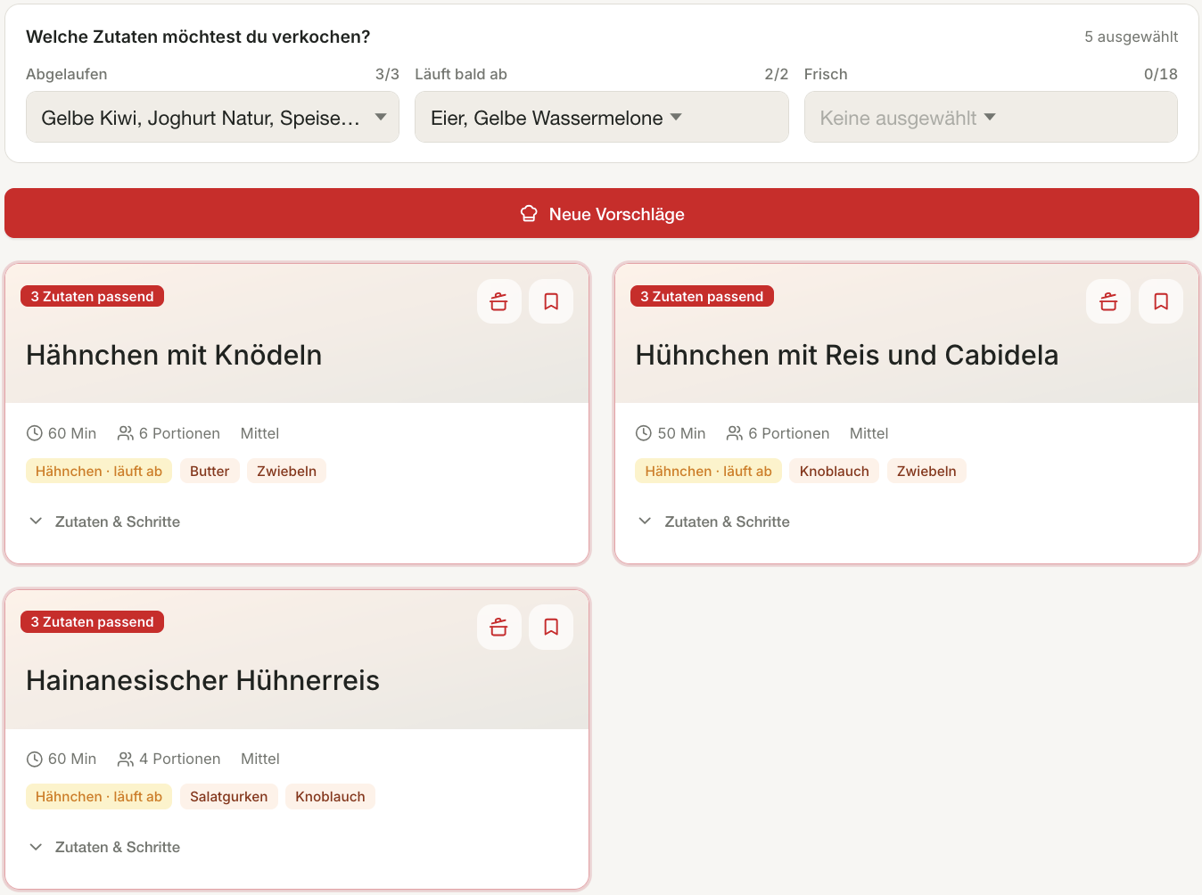 PreisJäger Rezept-Vorschläge aus ablaufenden Zutaten mit Zeit, Portionen und verwerteten Zutaten