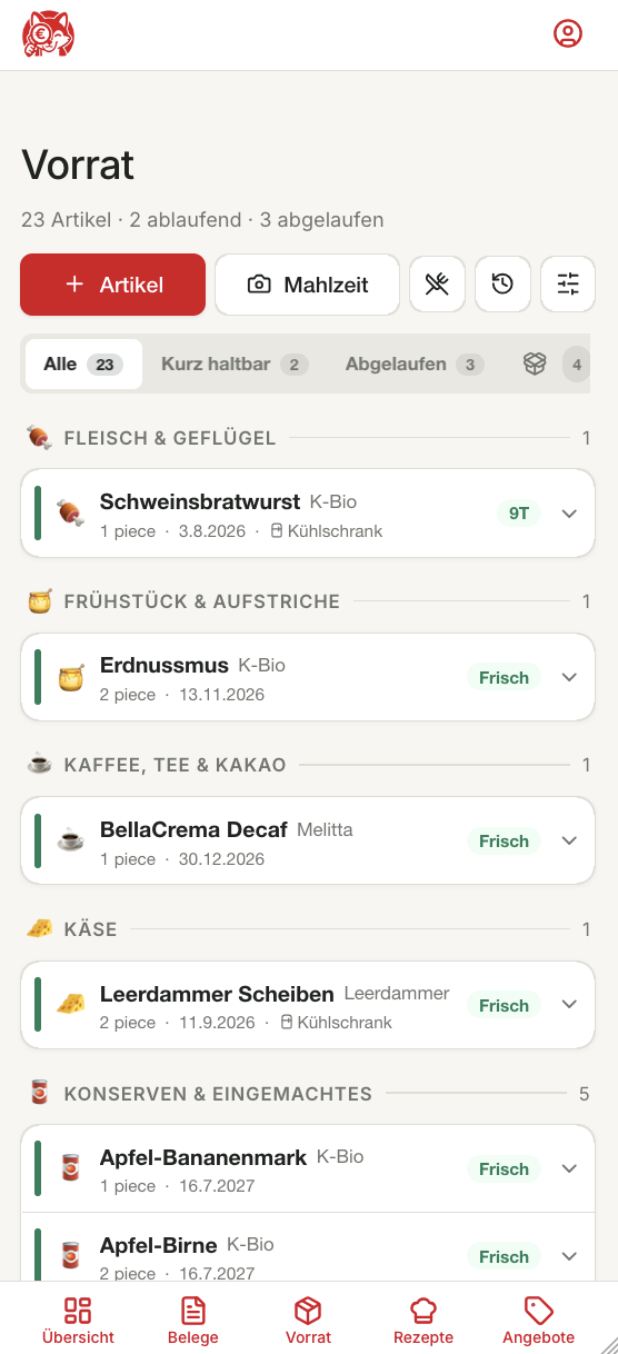 PreisJäger Vorrat auf dem Smartphone mit Filter „Ablaufend“ und mehreren Produkten